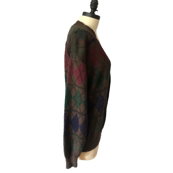 Italian Brown Argyle Wool Blend V-Neck Cardigan Grandpa Menswear Sweater - Picture 10 of 16